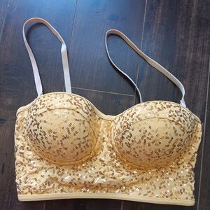 GOLD SEQUIN BRA TOP ADJUSTABLE STRAPS PADDED BRALETTE